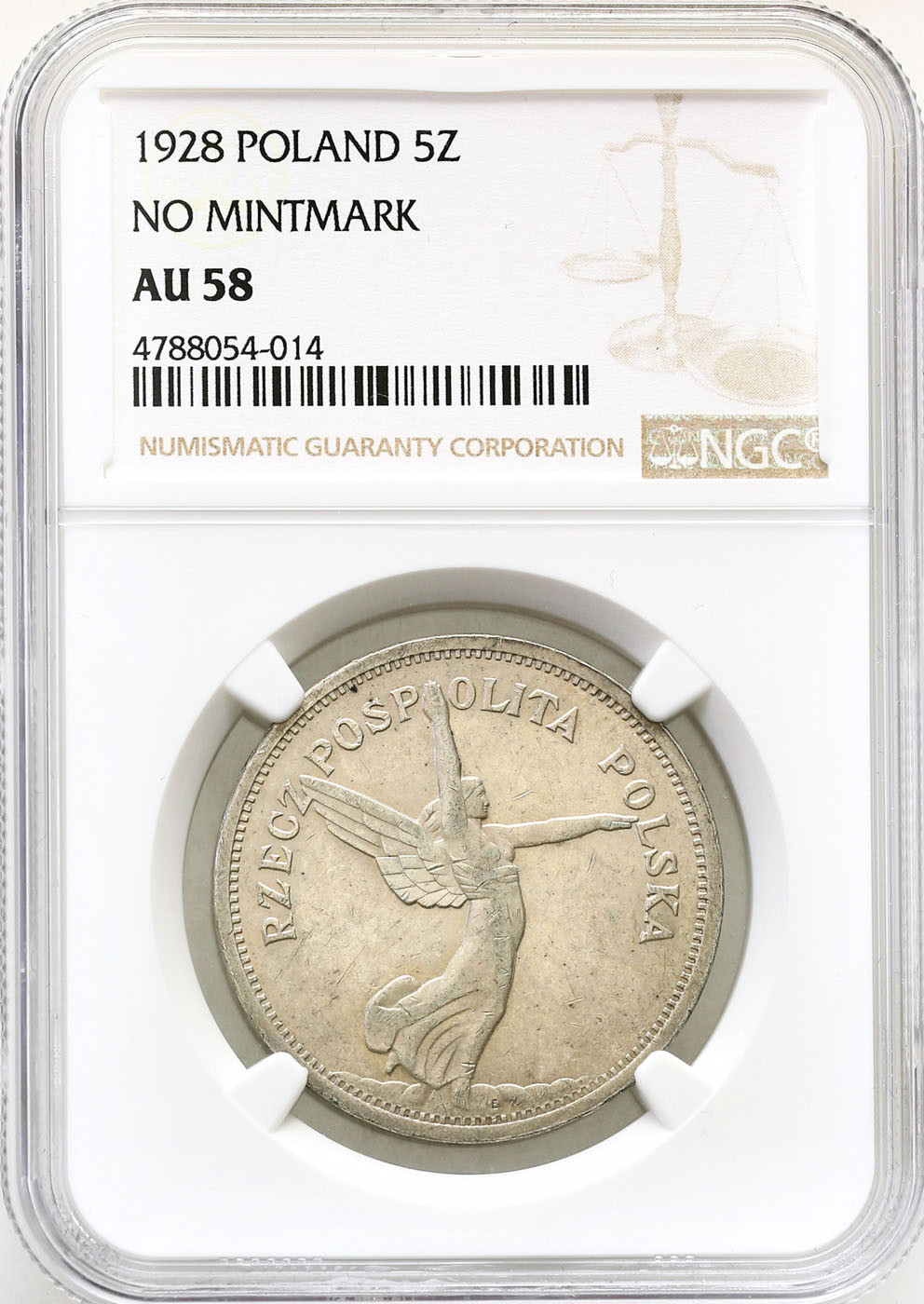 II RP. 5 złotych 1928 Nike bez znaku NGC AU58 - PIĘKNA